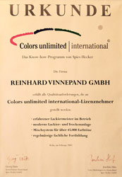 Urkunde Colors unlimited international Lackiertechniken, Lackiererfahrung 